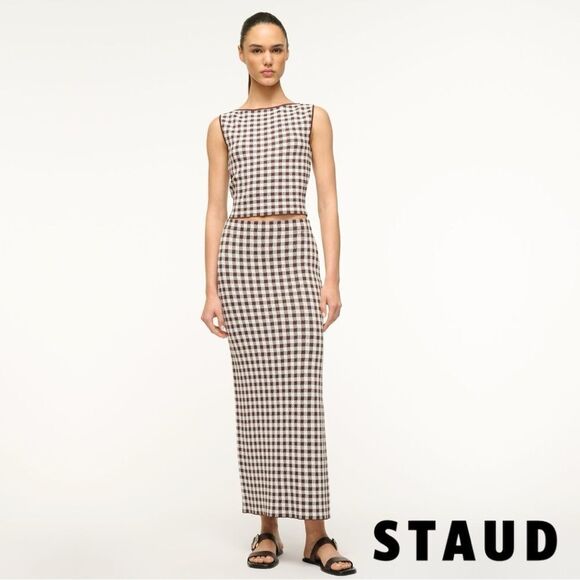 STAUD **NWT** Montgomery Cropped Knit Tank in Chocolate Brown Gingham - Picture 4 of 14